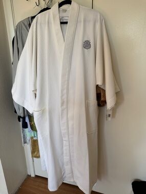 White Monogrammed Waffle-Knit Robe , unisex,long, size OSFA